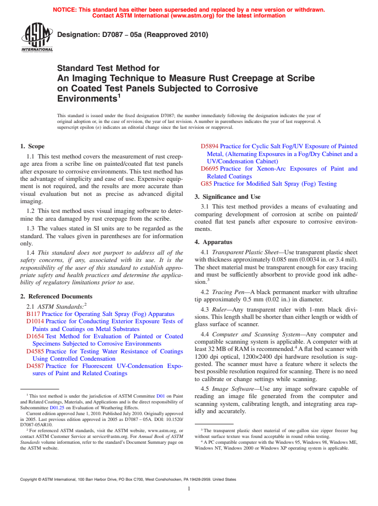 ASTM D7087-05a(2010) - Standard Test Method for An Imaging Technique to Measure Rust Creepage at Scribe on Coated Test Panels Subjected to Corrosive Environments (Withdrawn 2019)