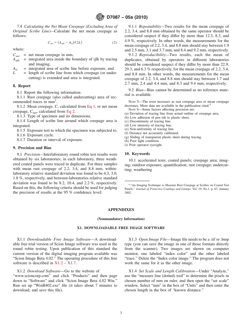 ASTM D7087-05a(2010) - Standard Test Method for An Imaging Technique to Measure Rust Creepage at Scribe on Coated Test Panels Subjected to Corrosive Environments (Withdrawn 2019)