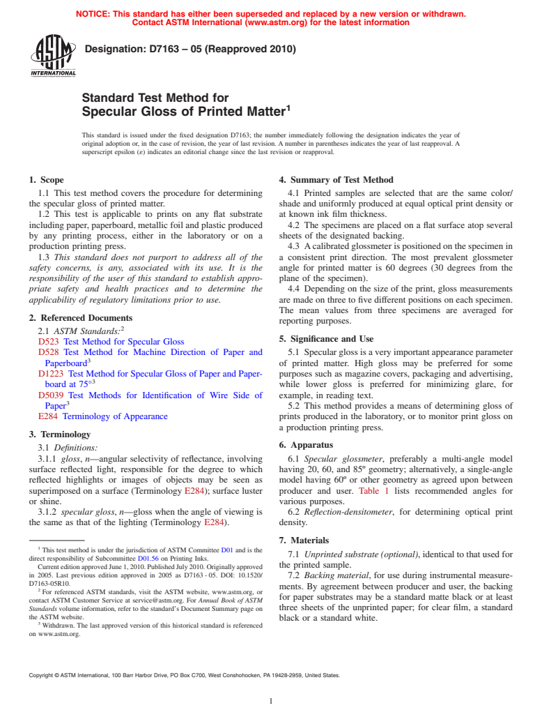 ASTM D7163-05(2010) - Standard Test Method for Specular Gloss of Printed Matter