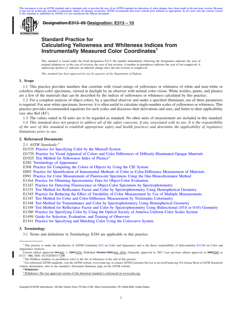 REDLINE ASTM E313-10 - Standard Practice for Calculating Yellowness and Whiteness Indices from Instrumentally Measured Color Coordinates