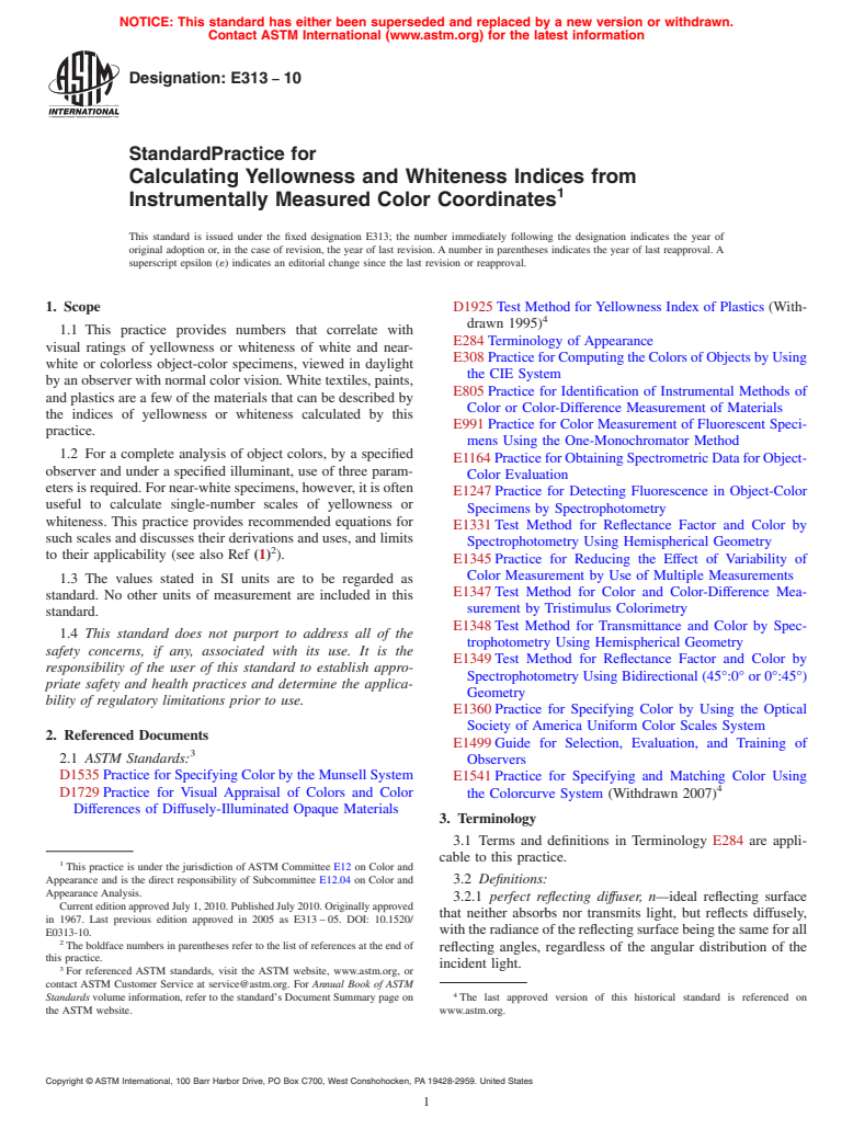 ASTM E313-10 - Standard Practice for Calculating Yellowness and Whiteness Indices from Instrumentally Measured Color Coordinates