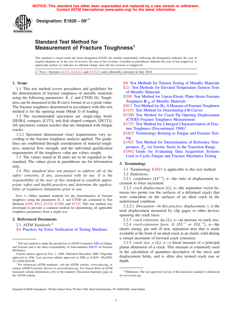 ASTM E1820-09e1 - Standard Test Method for  Measurement of Fracture Toughness