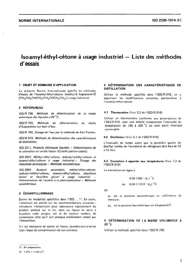 ISO 2500:1974 - Isoamyl-éthyl-cétone a usage industriel -- Liste des méthodes d'essais