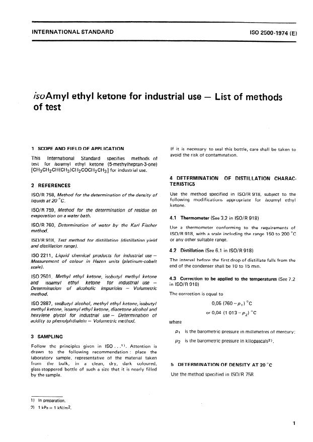 ISO 2500:1974 - isoAmyl ethyl ketone for industrial use -- List of methods of test
