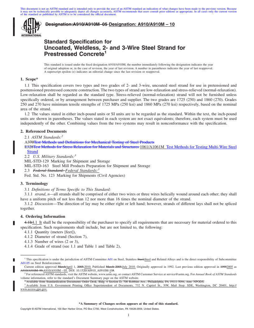 REDLINE ASTM A910/A910M-10 - Standard Specification for Uncoated, Weldless, 2- and 3-Wire Steel Strand for Prestressed Concrete