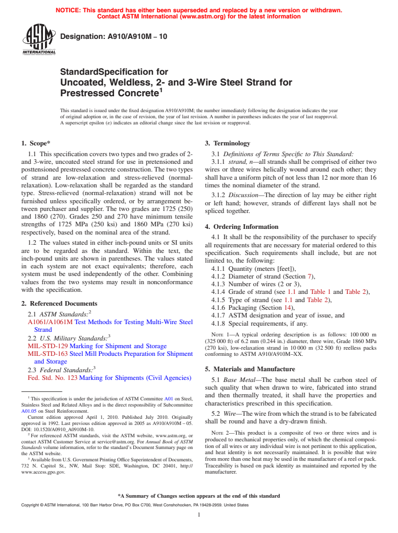 ASTM A910/A910M-10 - Standard Specification for Uncoated, Weldless, 2- and 3-Wire Steel Strand for Prestressed Concrete