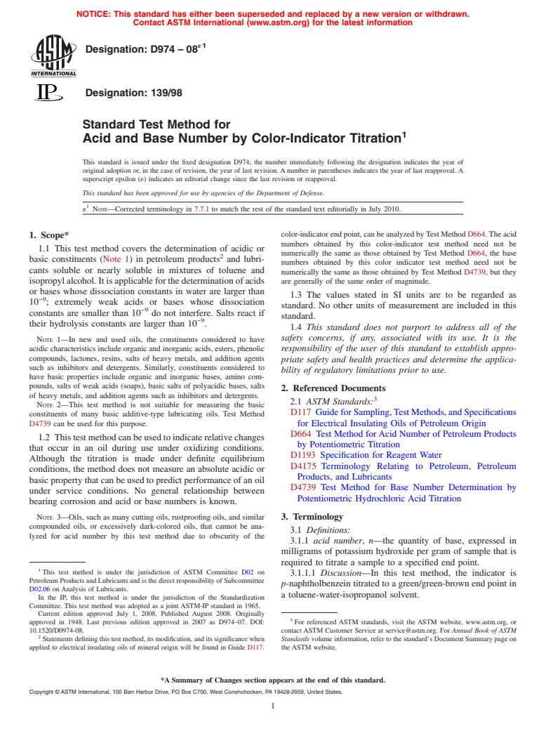 ASTM D974-08e1 - Standard Test Method for Acid and Base Number by Color-Indicator Titration