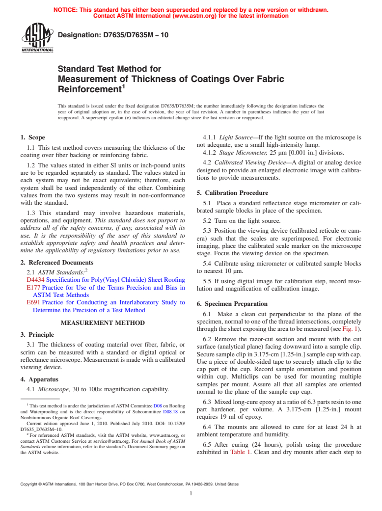 ASTM D7635/D7635M-10 - Standard Test Method for Measurement of Thickness of Coatings Over Fabric Reinforcement