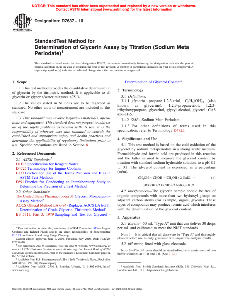 ASTM D7637-10 - Standard Test Method for Determination of Glycerin Assay by Titration  (Sodium Meta Periodate)