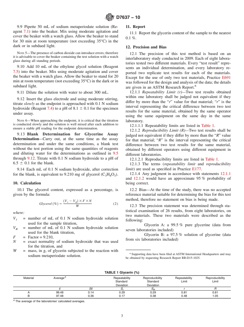 ASTM D7637-10 - Standard Test Method for Determination of Glycerin Assay by Titration  (Sodium Meta Periodate)