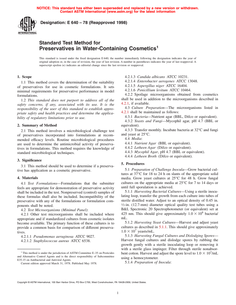 ASTM E640-78(1998) - Standard Test Method for Preservatives in Water-Containing Cosmetics