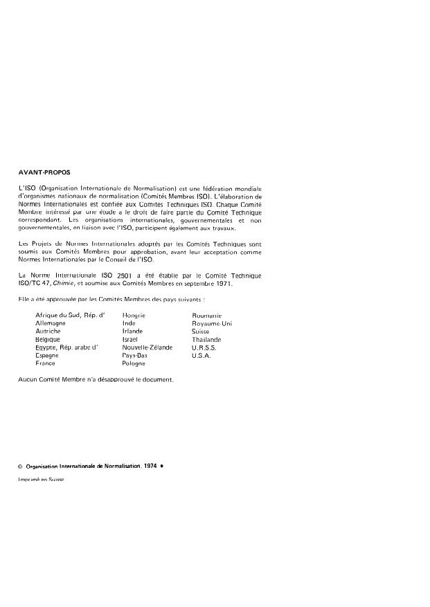 ISO 2501:1974 ISO 2501:1974 - Méthyl-éthyl-cétone, isobutyl-méthyl- cétone et isoamyl-éthyl-cétone a usage industriel -- Dosage des impuretés alcooliques -- Méthode volumétrique - Page 2 preview
