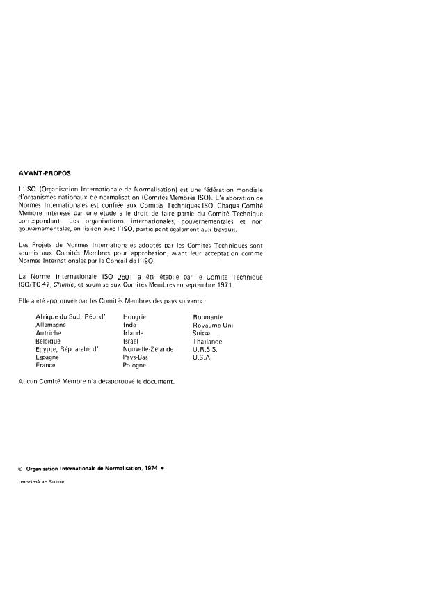 ISO 2501:1974 ISO 2501:1974 - Méthyl-éthyl-cétone, isobutyl-méthyl- cétone et isoamyl-éthyl-cétone a usage industriel -- Dosage des impuretés alcooliques -- Méthode volumétrique - Page 2 preview