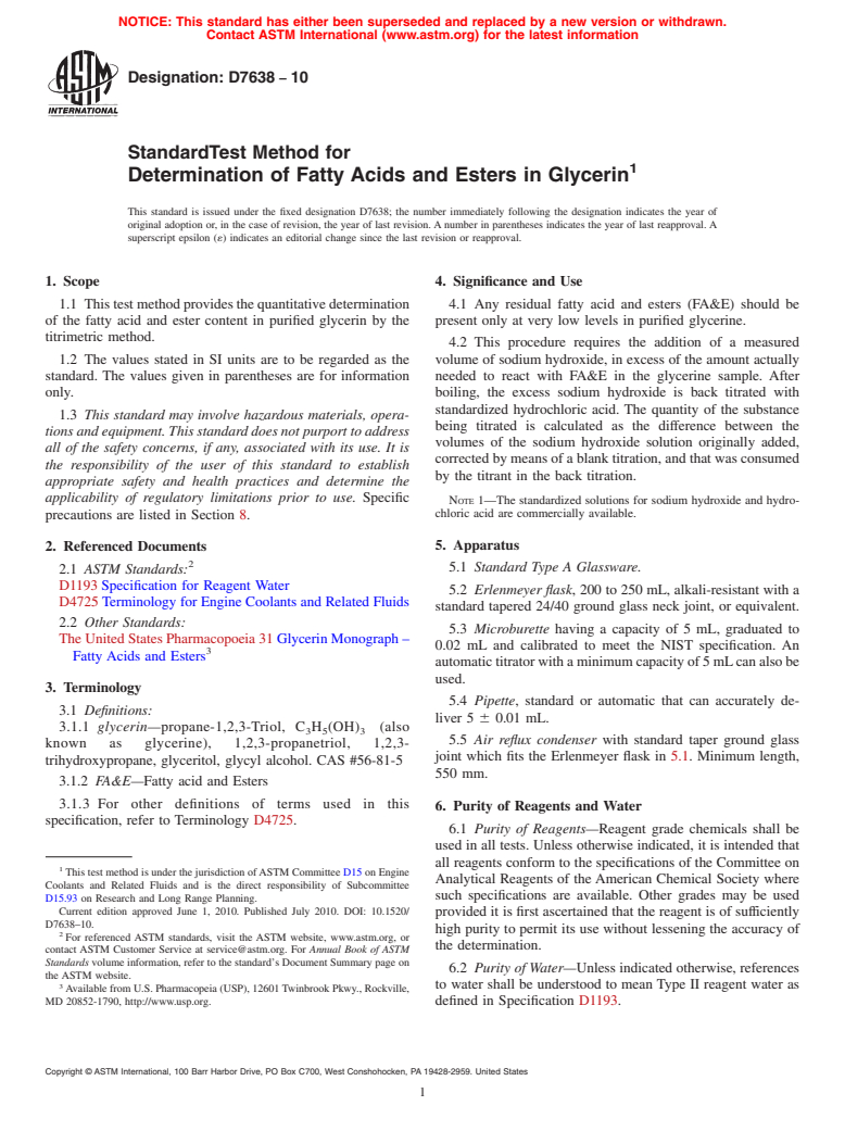 ASTM D7638-10 - Standard Test Method for Determination of Fatty Acids and Esters in Glycerin