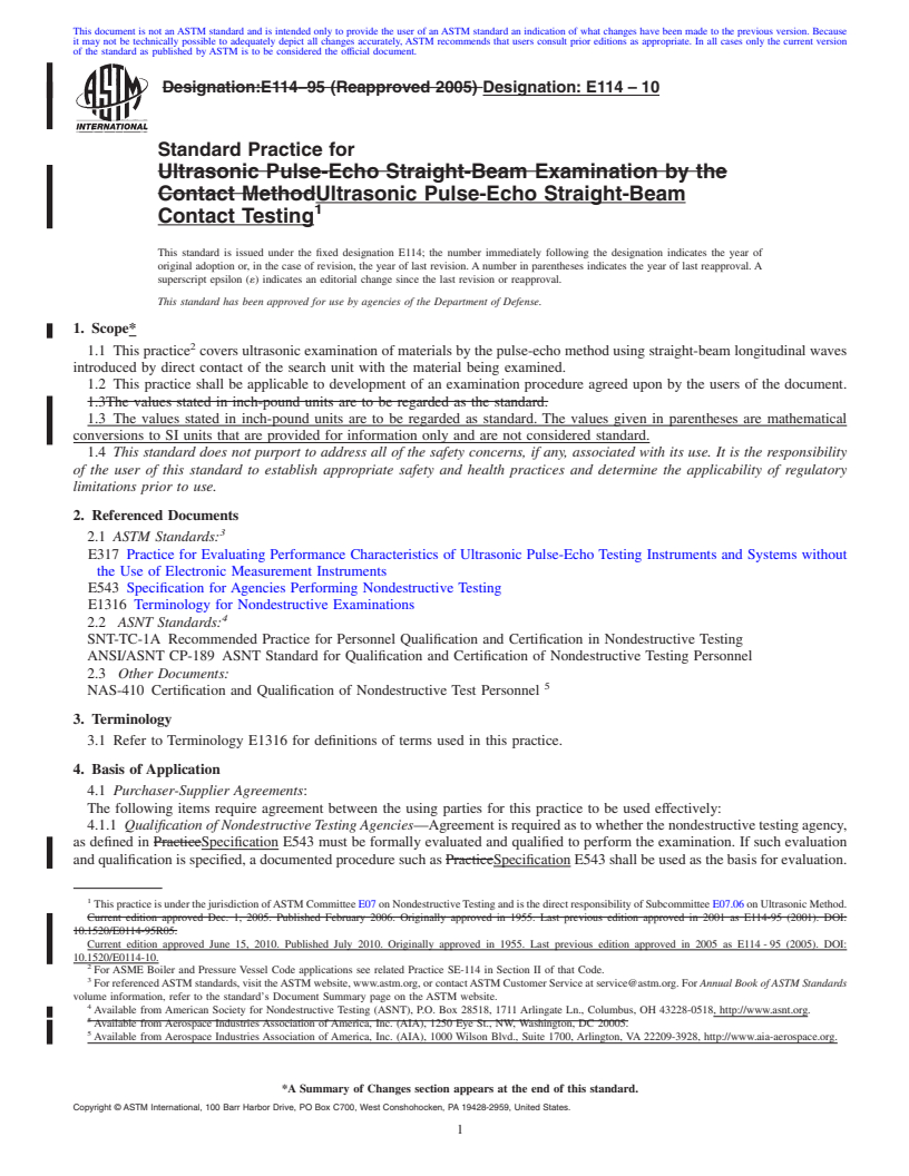 REDLINE ASTM E114-10 - Standard Practice for  Ultrasonic Pulse-Echo Straight-Beam Contact Testing