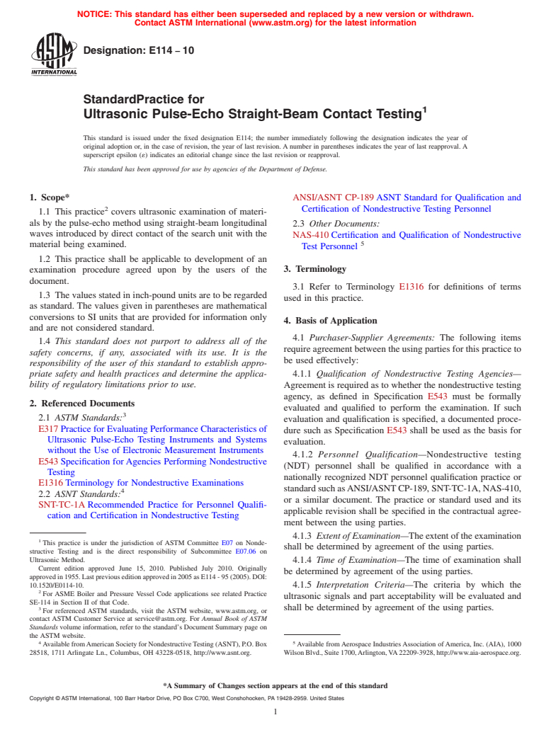 ASTM E114-10 - Standard Practice for  Ultrasonic Pulse-Echo Straight-Beam Contact Testing