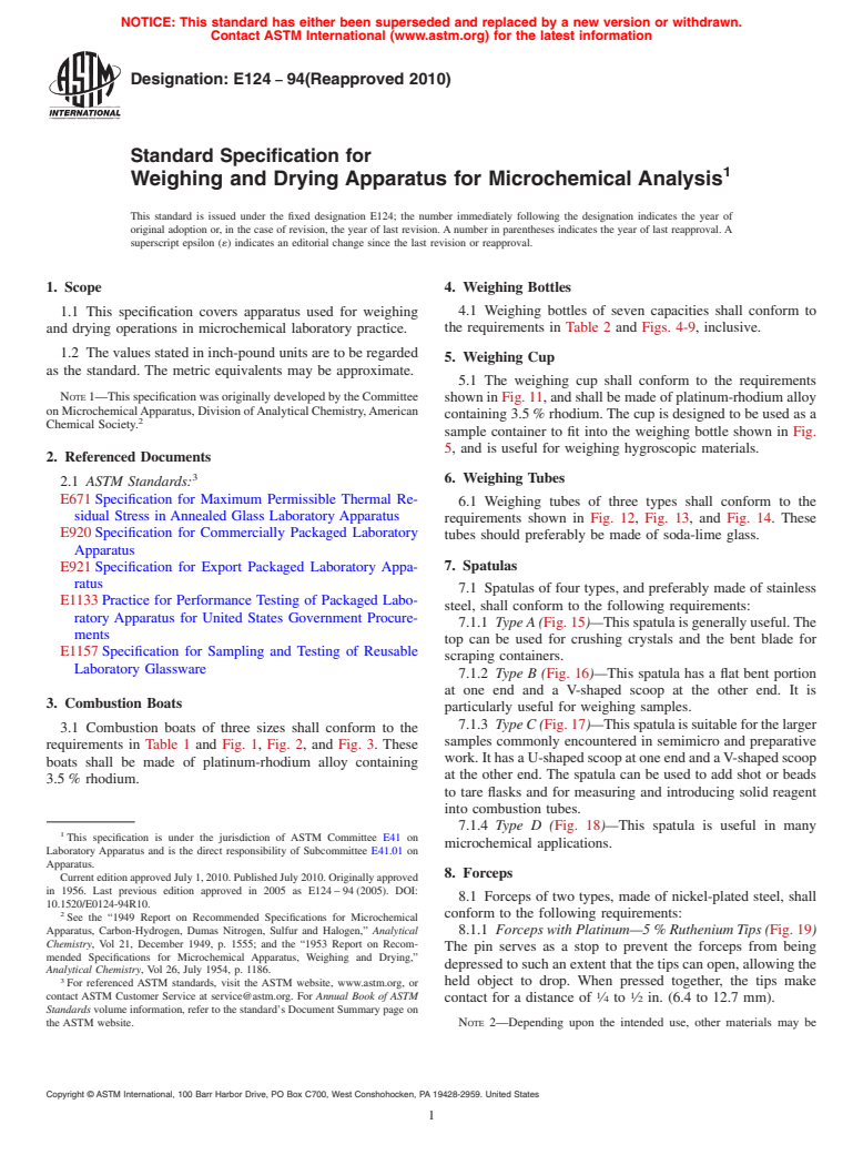 ASTM E124-94(2010) - Standard Specification for Weighing and Drying Apparatus for Microchemical Analysis