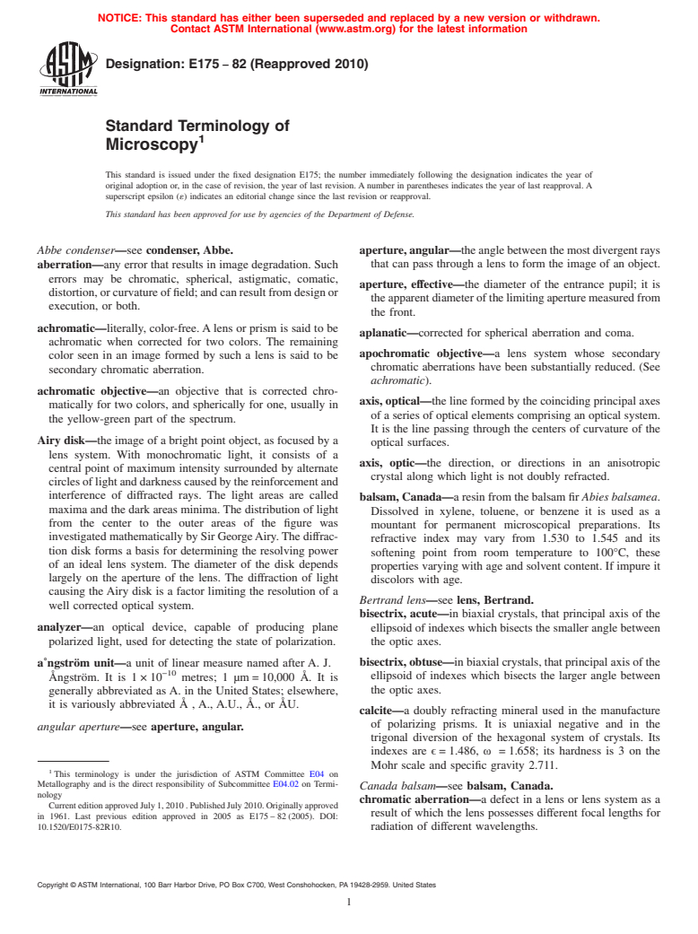 ASTM E175-82(2010) - Standard Terminology of Microscopy (Withdrawn 2019)