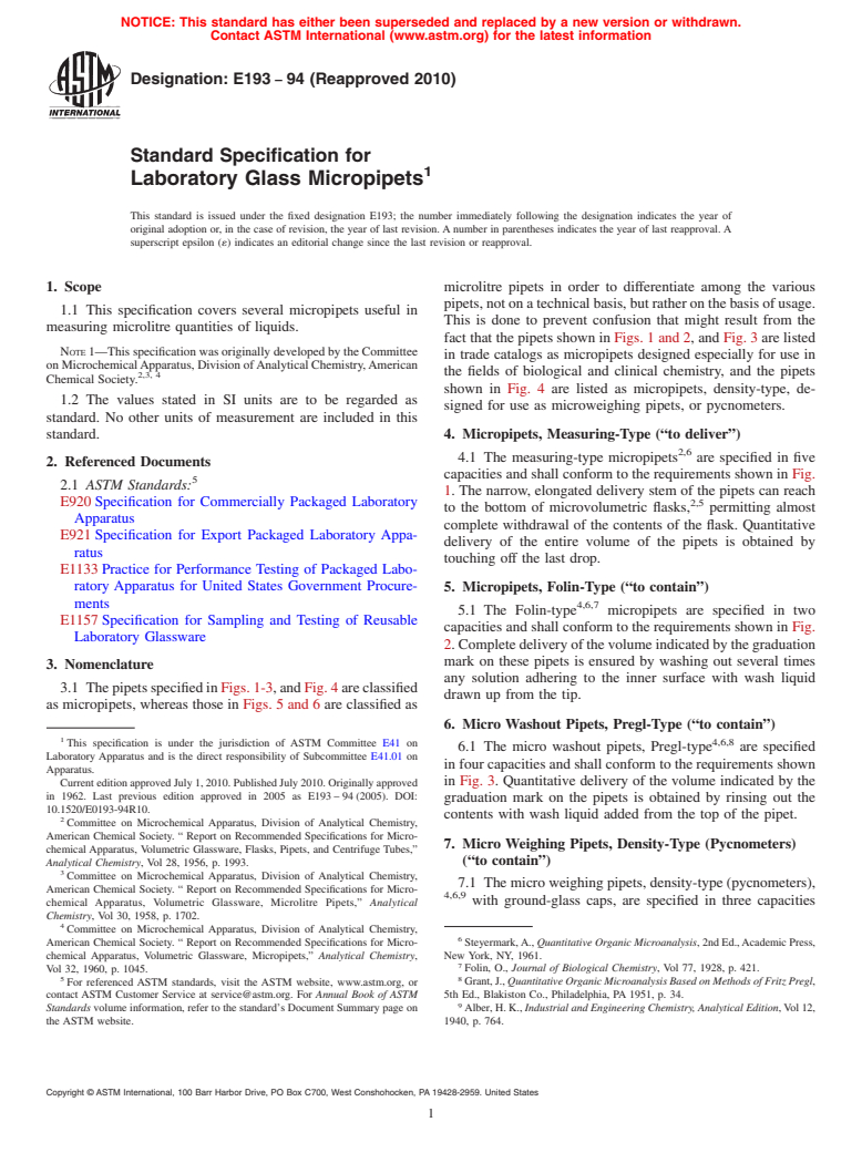 ASTM E193-94(2010) - Standard Specification for Laboratory Glass Micropipets