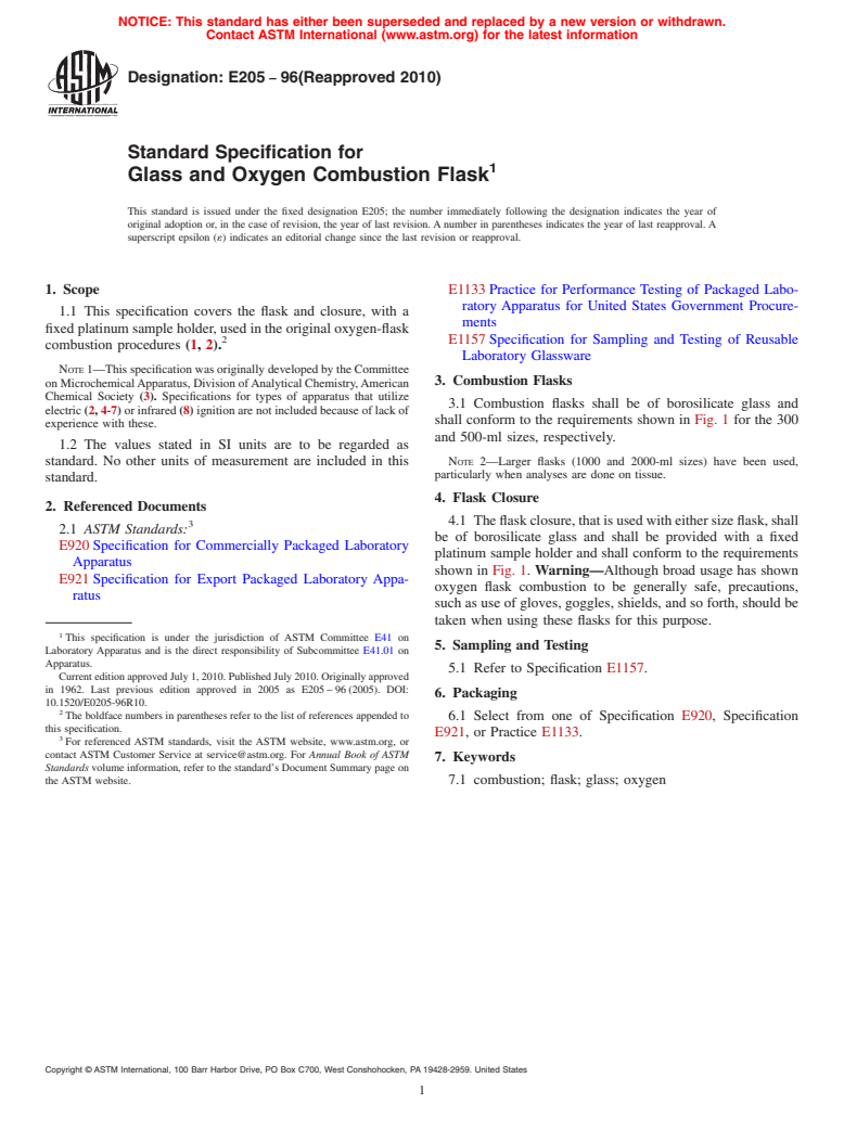 ASTM E205-96(2010) - Standard Specification for Glass and Oxygen Combustion Flask