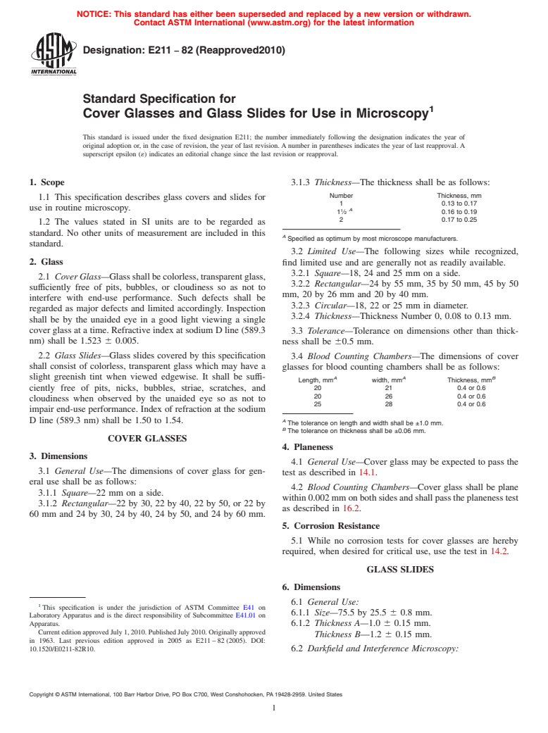 ASTM E211-82(2010) - Standard Specification for Cover Glasses and Glass Slides for Use in Microscopy