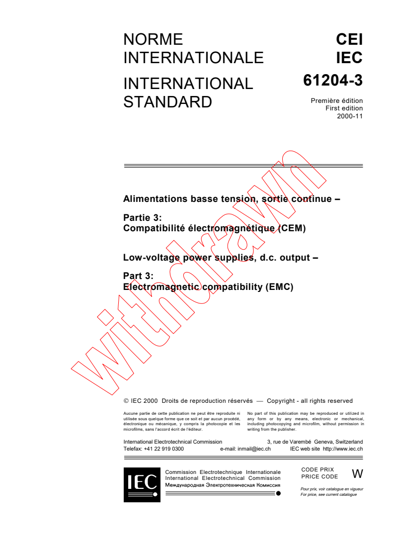 IEC 61204-3:2000 - Low-voltage power supplies, d.c. output - Part 3: Electromagnetic compatibility (EMC)
Released:11/9/2000
Isbn:2831854725