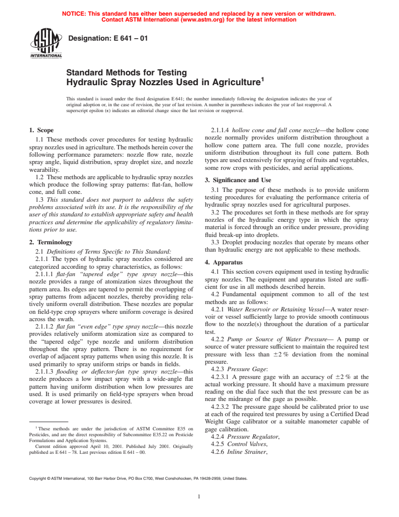 ASTM E641-01 - Standard Methods for Testing Hydraulic Spray Nozzles Used in Agriculture