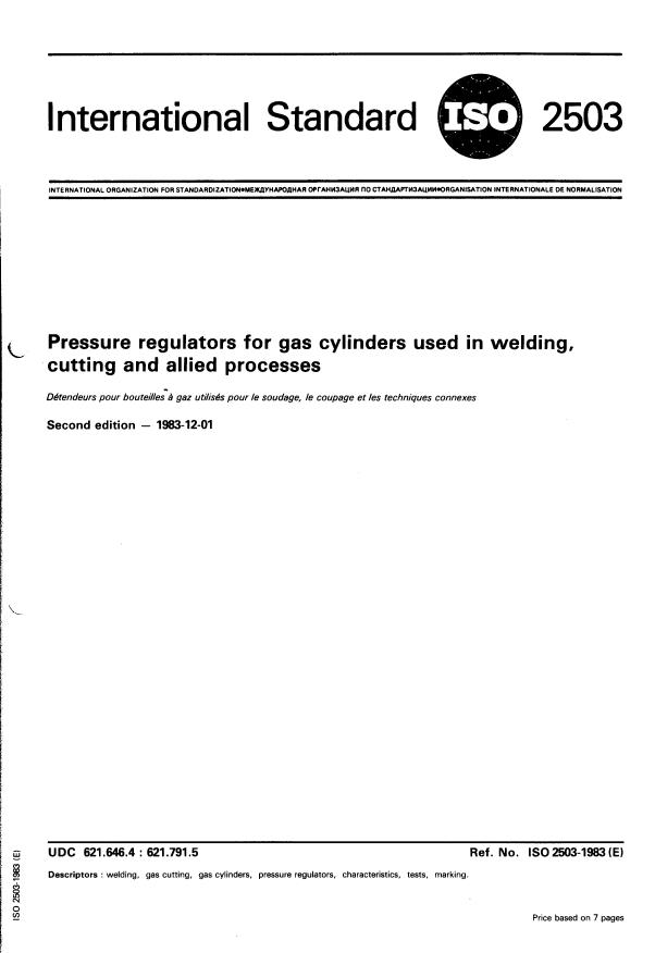 ISO 2503:1983 - Pressure regulators for gas cylinders used in welding, cutting and allied processes
