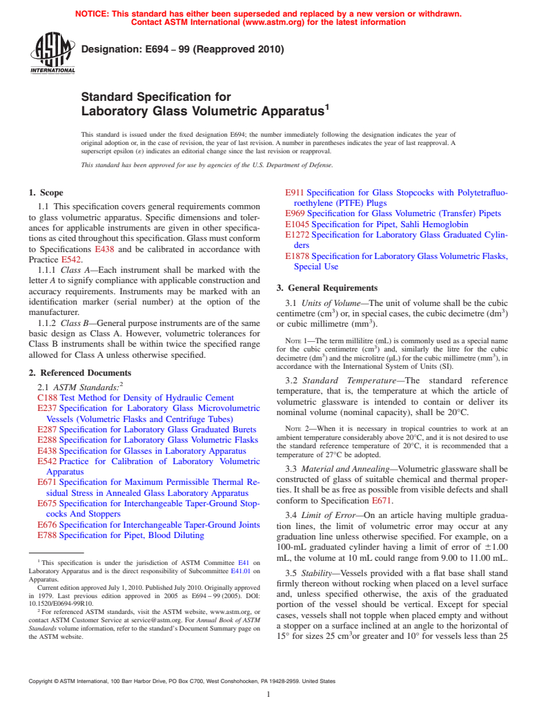 ASTM E694-99(2010) - Standard Specification for Laboratory Glass Volumetric Apparatus