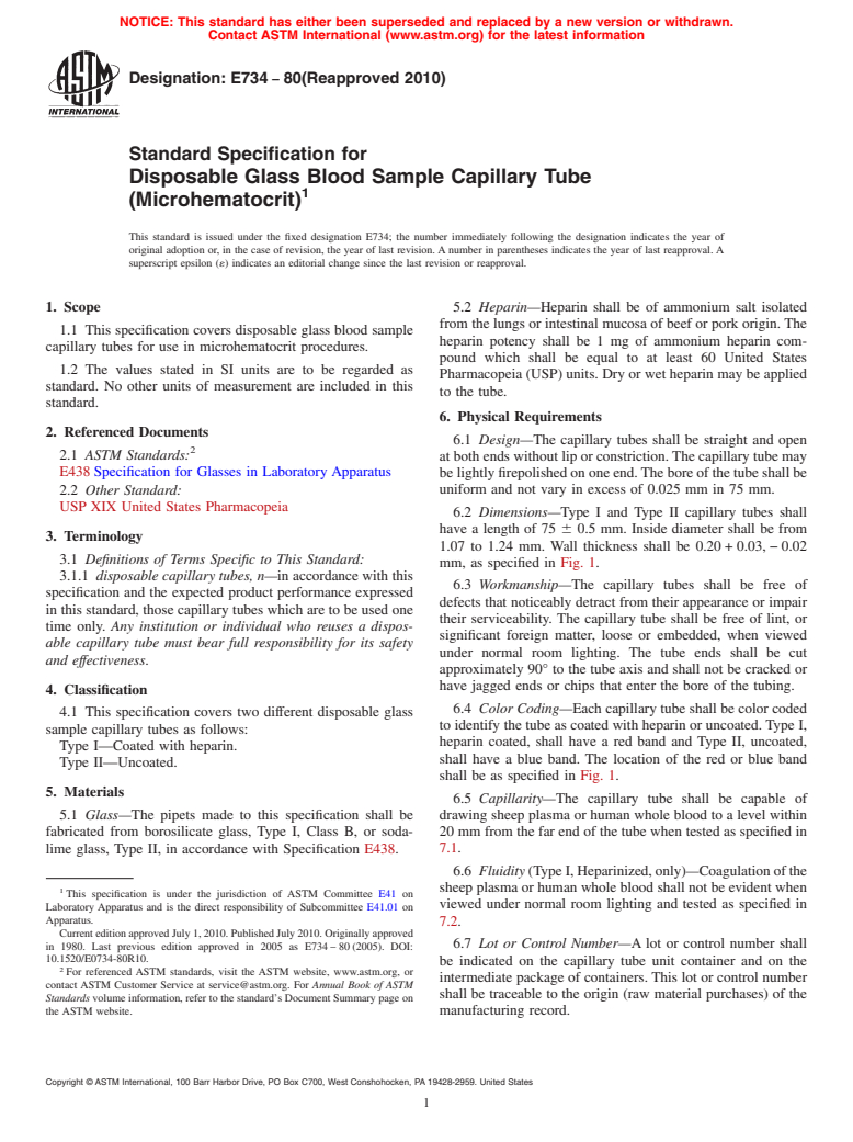 ASTM E734-80(2010) - Standard Specification for Disposable Glass Blood Sample Capillary Tube (Microhematocrit)