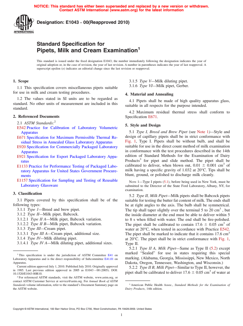 ASTM E1043-00(2010) - Standard Specification for Pipets, Milk and Cream Examination