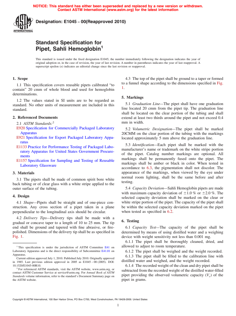 ASTM E1045-00(2010) - Standard Specification for Pipet, Sahli Hemoglobin