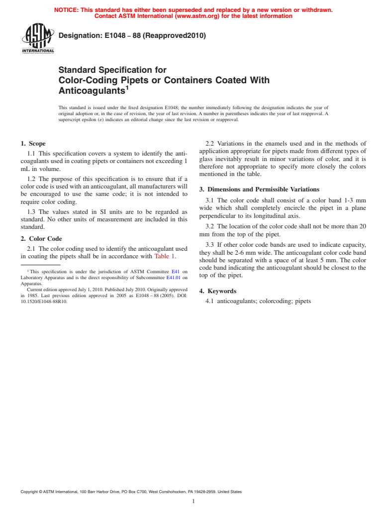 ASTM E1048-88(2010) - Standard Specification for Color-Coding Pipets or Containers Coated With Anticoagulants