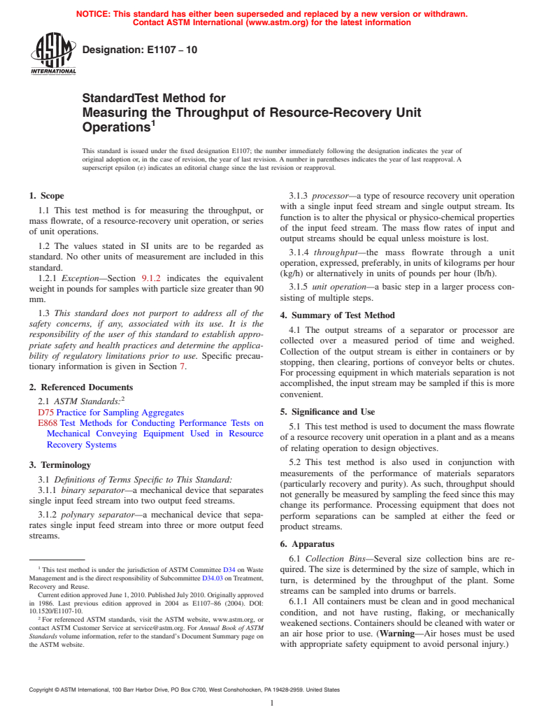 ASTM E1107-10 - Standard Test Method for Measuring the Throughput of Resource-Recovery Unit Operations