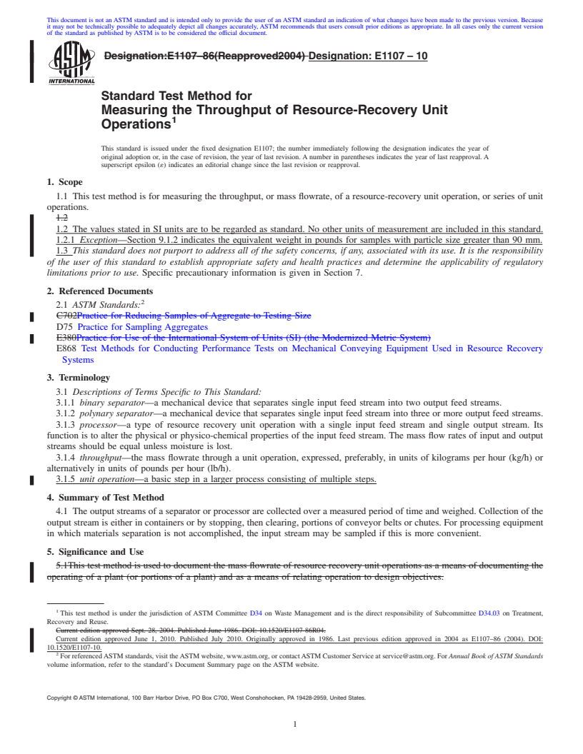 REDLINE ASTM E1107-10 - Standard Test Method for Measuring the Throughput of Resource-Recovery Unit Operations