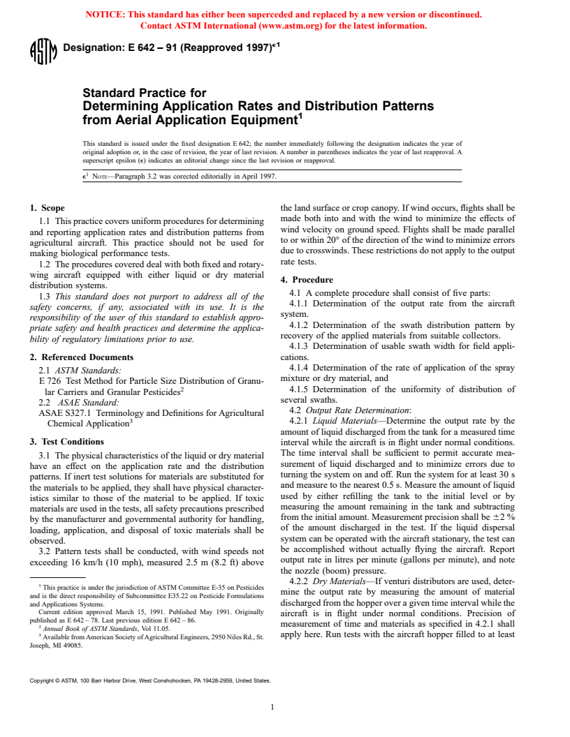 ASTM E642-91(1997)e1 - Standard Practice for Determining Application Rates and Distribution Patterns from Aerial Application Equipment