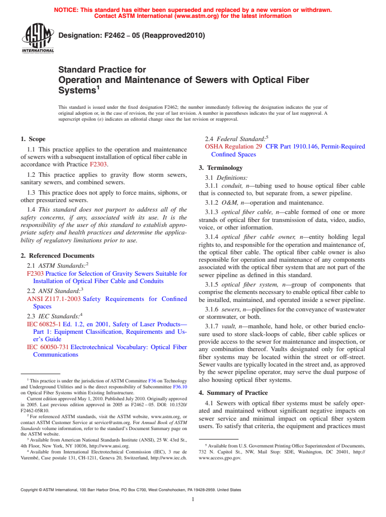 ASTM F2462-05(2010) - Standard Practice for Operation and Maintenance of Sewers with Optical Fiber Systems