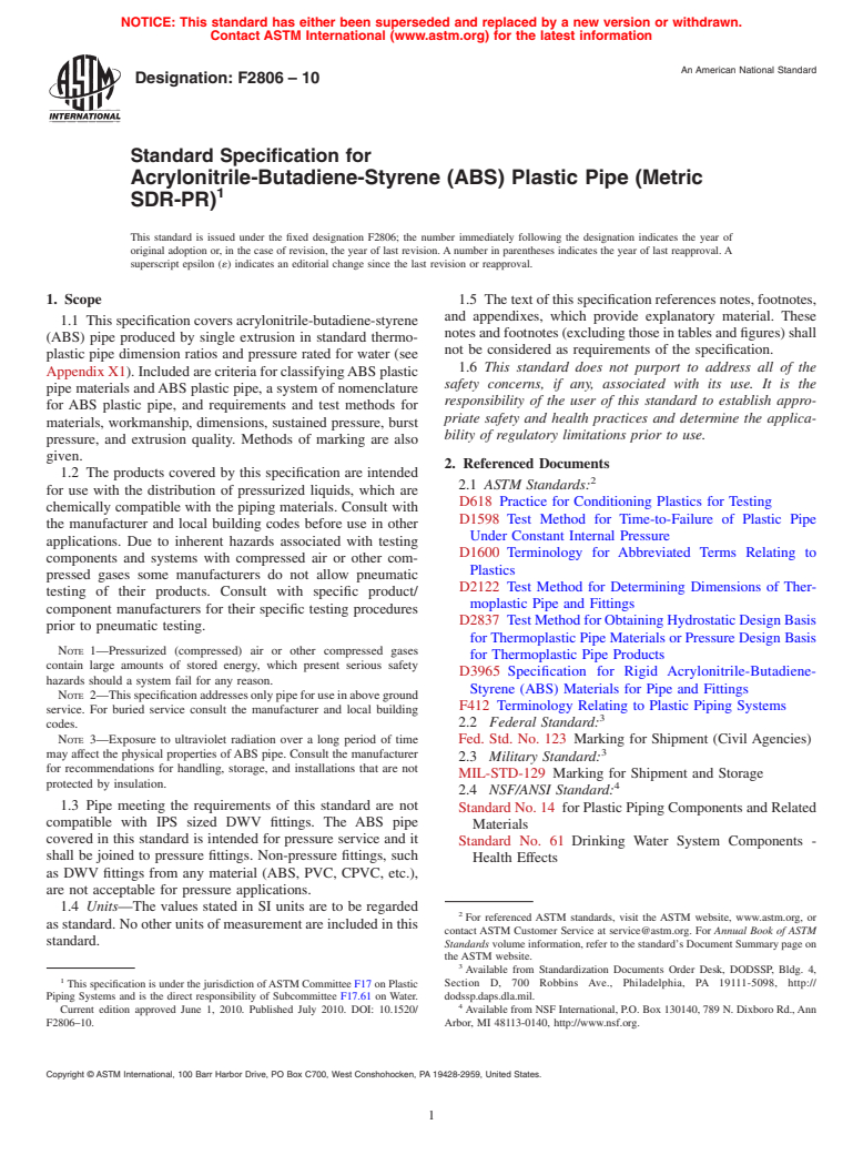 ASTM F2806-10 - Standard Specification for Acrylonitrile-Butadiene-Styrene (ABS) Plastic Pipe (Metric SDR-PR)