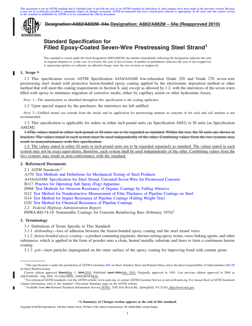 REDLINE ASTM A882/A882M-04a(2010) - Standard Specification for Filled Epoxy-Coated Seven-Wire Prestressing Steel Strand (Withdrawn 2019)