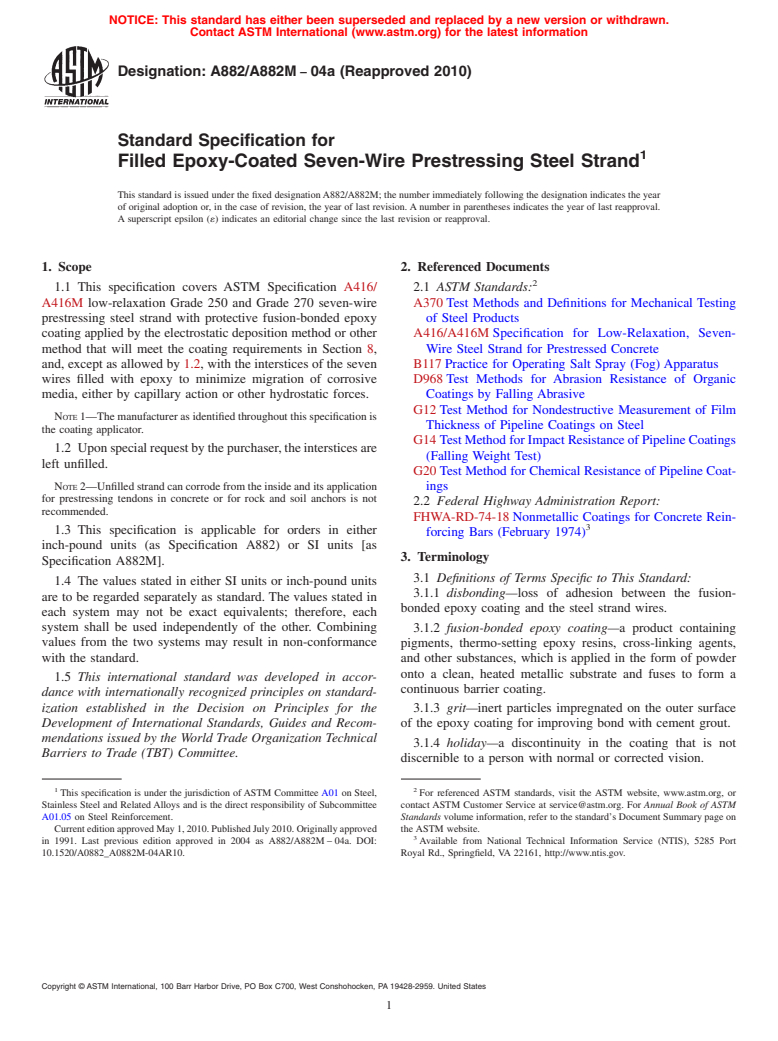 ASTM A882/A882M-04a(2010) - Standard Specification for Filled Epoxy-Coated Seven-Wire Prestressing Steel Strand (Withdrawn 2019)