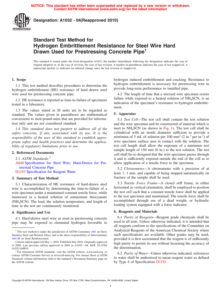 ASTM A1032-04(2010) - Standard Test Method for Hydrogen Embrittlement Resistance for Steel Wire Hard Drawn Used for Prestressing Concrete Pipe