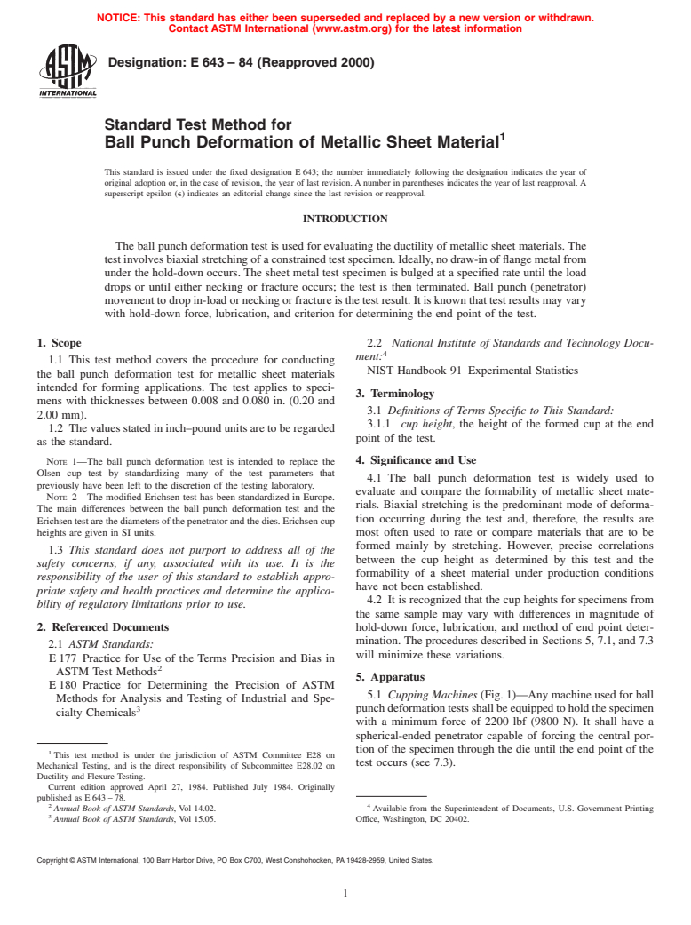 ASTM E643-84(2000) - Standard Test Method for Ball Punch Deformation of Metallic Sheet Material (Withdrawn 2009)