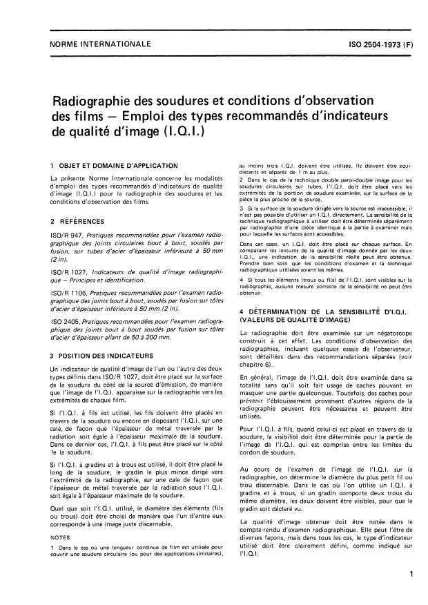 ISO 2504:1973 ISO 2504:1973 - Radiographie de soudures et conditions d'observation des films -- Emploi des types recommandés d'indicateurs de qualité d'image (I.Q.I.) - Page 3 preview