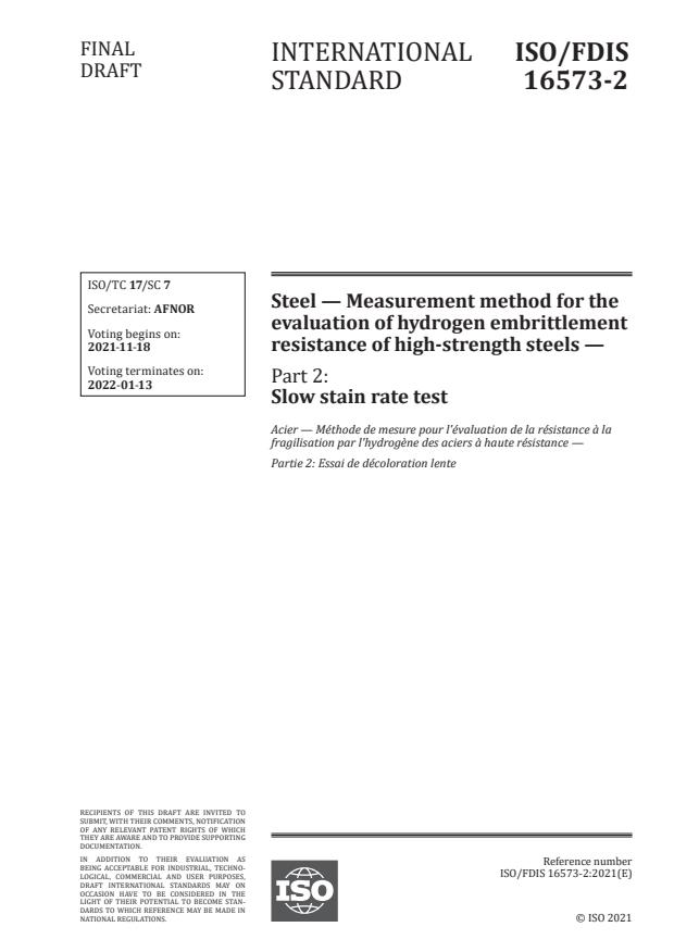 ISO/FDIS 16573-2 - Steel -- Measurement method for the evaluation of hydrogen embrittlement resistance of high-strength steels