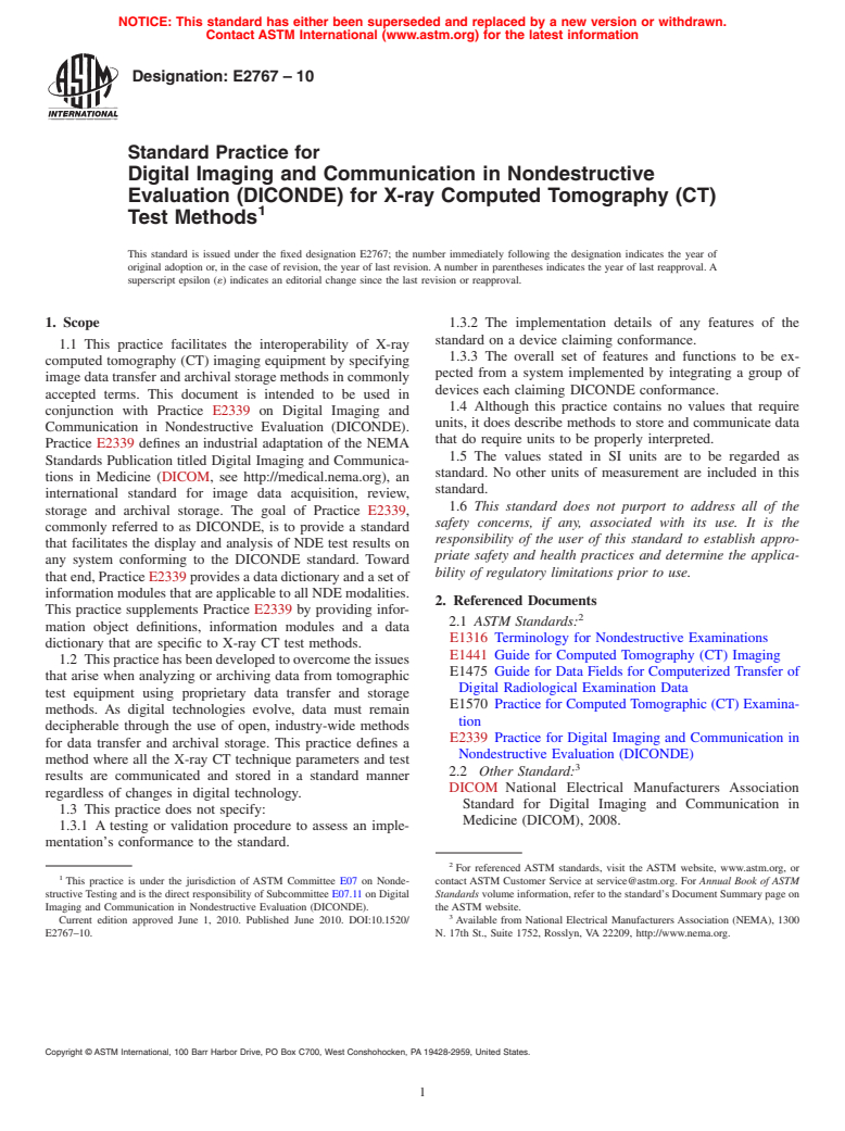 ASTM E2767-10 - Standard Practice for Digital Imaging and Communication in Nondestructive Evaluation (DICONDE) for X-ray Computed Tomography (CT) Test Methods