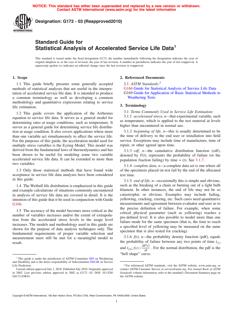 ASTM G172-03(2010) - Standard Guide for Statistical Analysis of Accelerated Service Life Data