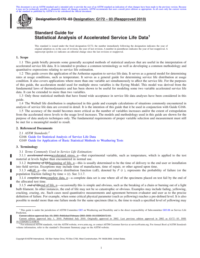 REDLINE ASTM G172-03(2010) - Standard Guide for Statistical Analysis of Accelerated Service Life Data