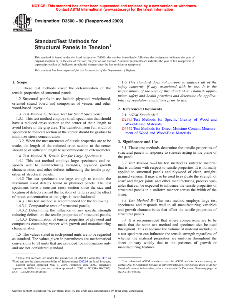 ASTM D3500-90(2009) - Standard Test Methods for Structural Panels in Tension