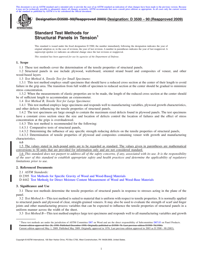 REDLINE ASTM D3500-90(2009) - Standard Test Methods for Structural Panels in Tension