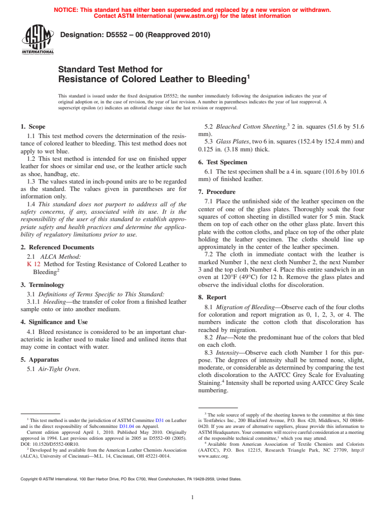 ASTM D5552-00(2010) - Standard Test Method for Resistance of Colored Leather to Bleeding